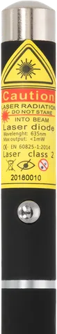 Roter Laserpointer M1 – Nahaufnahme des Warnetiketts mit der Laserklasse